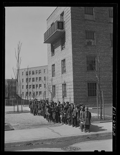 Untitled photo, possibly related to: Chicago, Illinois. Ida B. Wells Housing Project. Children lining up to go to kindergarten class at the community center