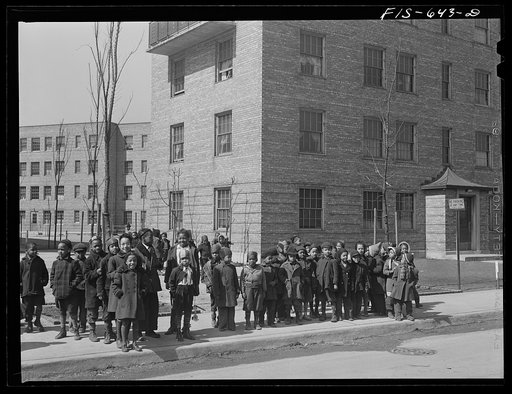 Untitled photo, possibly related to: Chicago, Illinois. Ida B. Wells Housing Project. Children lining up to go to kindergarten class at the community center