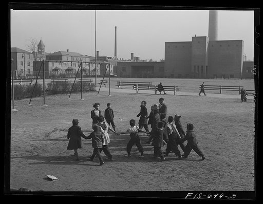 Chicago, Illinois. Ida B. Wells Housing Project. Children lining up to go to kindergarten