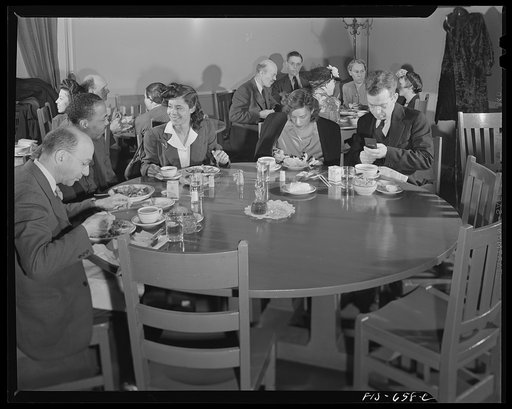Washington D.C. Jewal Mazique [i.e. Jewel], worker in the Library of Congress, eating lunch during a union meeting