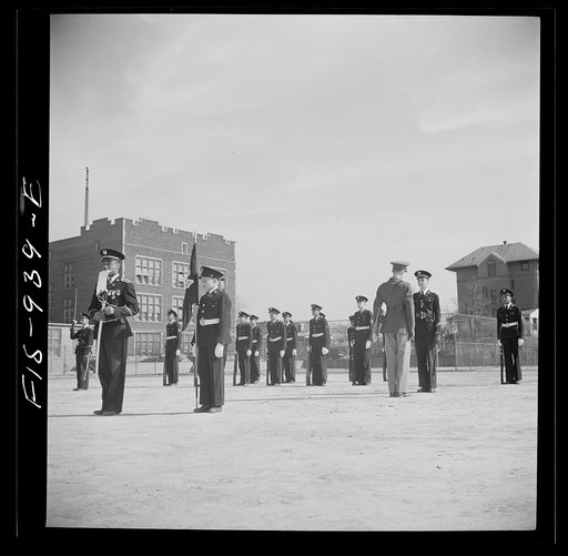 Unititled photo, possibly related to: Washington, D.C. Military unit in Armstrong Technical High School being trained by a U.S. Army lieutenant