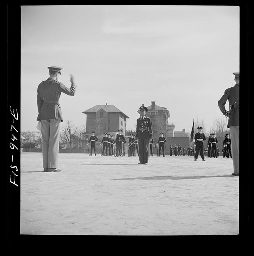 Untitled photo, possibly related to: Washington D.C. Military unit in Armstrong Technical High School being trained by an U.S. Army lieutenant