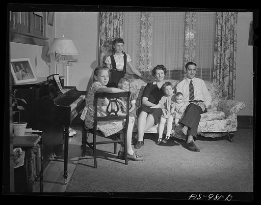 Minneapolis, Minnesota. Mr. Arthur Sven Brink and his family. Mr. Brink is a welder at an important war factory in the Minneapolis area. He lives in a medium-sized house with his wife Hilda and their four children: Mary Jane, four, Gloria, seven, Caren, ten, and Ruth, twelve. Mr. Brink was born in S