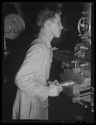 Untitled photo, possibly related to: Minneapolis, Minnesota. Bernard L. Lukin, twenty-eight, of Norwegian ancestry. His father has a small farm in South Dakota. He left the farm in 1936 and has been working in Minneapolis since then. He is now working in a small machine shop turning out tools and di