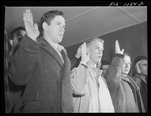 Swedish-American selectees in Minnesota taking the oath as they are inducted into the U.S. Army