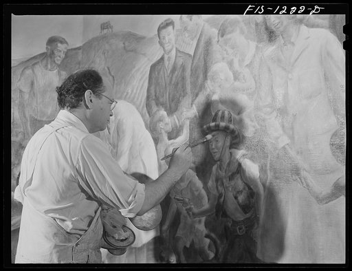 Untitled photo, possibly related to: Madison, Wisconsin. John Stuart Curry discussing his mural in the biochemistry building at the University of Wisconsin with Dr. H. Steenback, expert on diet and radiation of food