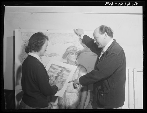 Madison, Wisconsin. One of the members of the Blue Shield Country Life Club of the University of Wisconsin, discussing a painting of a farmer with John Stuart Curry. All members of the club are young people from farms of Wisconsin, and one of their aims is to bring about greater participation in cul