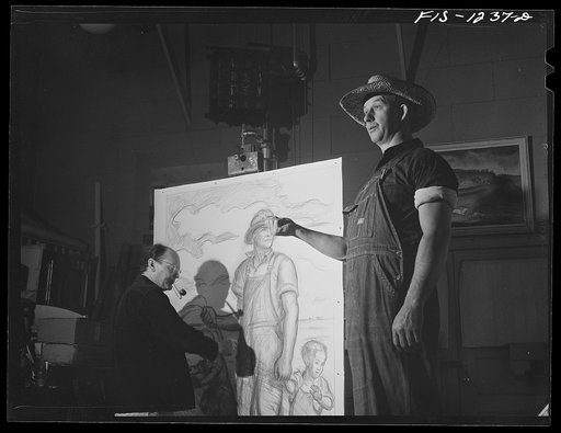 Madison, Wisconsin. Artist in residence John Stuart Curry, working on his painting entitled "Long may it wave," which he has been commissioned to do by the Associated American Artist. His model is Mr. Malcom I. Ross, farm foreman at the Department of Agriculture at the University of Wisconsin