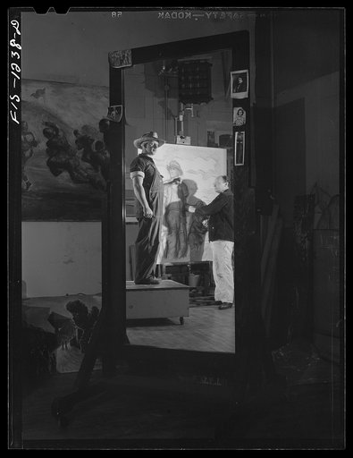 Untitled photo, possibly related to: Madison, Wisconsin. Artist in residence John Stuart Curry, working on his painting entitled "Long may it wave," which he has been commissioned to do by the Associated American Artist. His model is Mr. Malcom I. Ross, farm foreman at the Department of Agriculture 