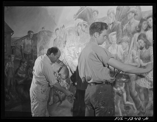Madison, Wisconsin. John Stuart Curry and an assistant, Robert Hodgell, of Topeka, Kansas and a student at the university, working on Curry's mural in the biochemistry building at the University of Wisconsin