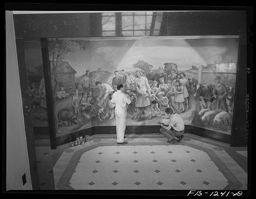 Madison, Wisconsin. John Stuart Curry and an assistant, Robert Hodgell, of Topeka, Kansas and a student at the university, working on Curry's mural in the biochemistry building at the University of Wisconsin