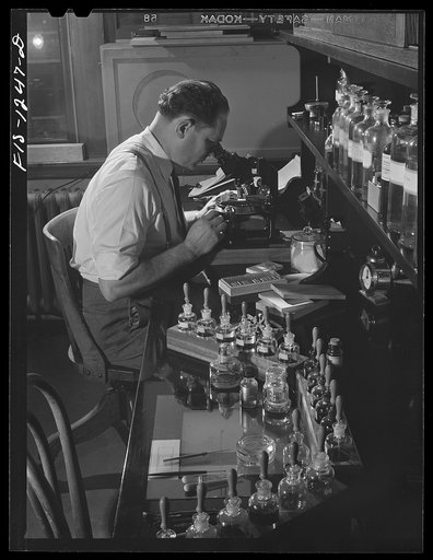 Forest Products Laboratory, Madison, Wisconsin. Mr. R.O. Marts in his laboratory. Mr. Marts is at present working on a study of airplane veneers