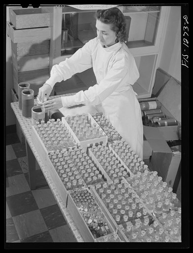 Packing typhus vaccine for shipment. Here is enough vaccine to innoculate a town of 15,000 population. USPHS (United States Public Health Service)  Rocky Mountain Laboratory, Hamilton, Montana