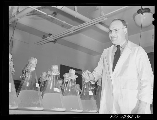 Dr. Herrald R. Cox with flasks of typhus vaccine obtained from eggs according to the method which he developed. USPHS (United States Public Health Service)  Rocky Mountain Laboratory, Hamilton, Montana