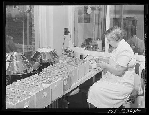Labeling bottled vaccines. USPHS (United States Public Health Service)  Rocky Mountain Laboratory. Hamilton, Montana