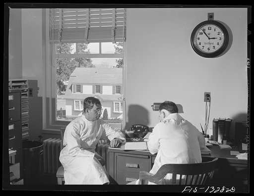 Doctor Pundit, of India, who has been studying methods at the Rocky Mountain Laboratory, with Doctor Cox, who developed production of typhus vaccine from eggs. USPHS (United States Public Health Service)  Rocky Mountain Laboratory. Hamilton, Montana