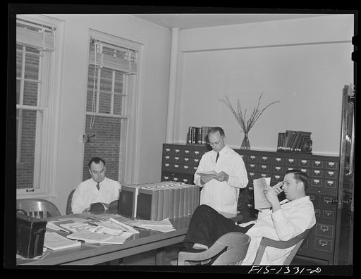 In the library at the USPHS (United States Public Health Service)  Rocky Mountain Laboratory. Hamilton, Montana