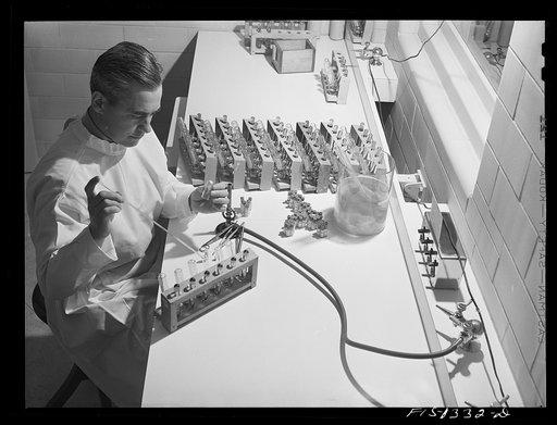 The sterility of each batch of vaccine is tested before it leaves the laboratory. Rocky Mountain Laboratory. Hamilton, Montana (USPHS--United States Public Health Service)