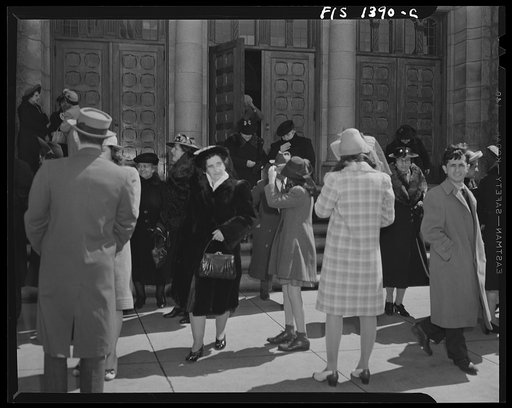 Untitled photo, possibly related to: New Bedford, Massachusetts. Congregation coming out of the Portuguese Catholic church