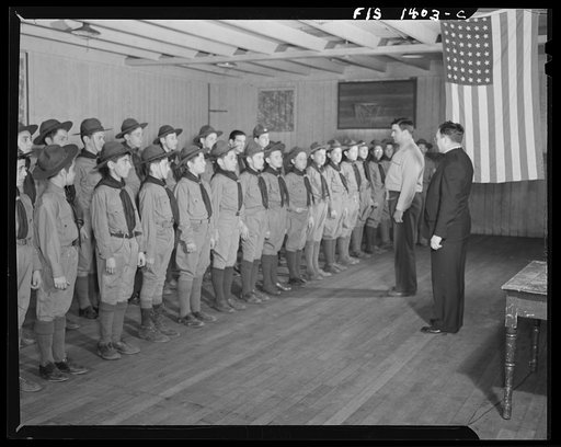 Untitled photo, possibly related to: New Bedford, Massachusetts. Portuguese scout troop performing stunt