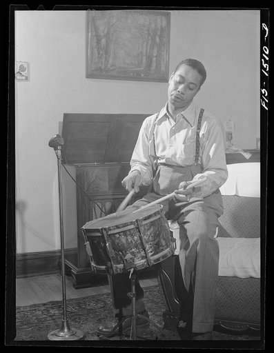 Oliver Coleman has apparatus for recording in his home on Indiana Avenue. He uses it to record the work of his students and his own drumming. Chicago, Illinois