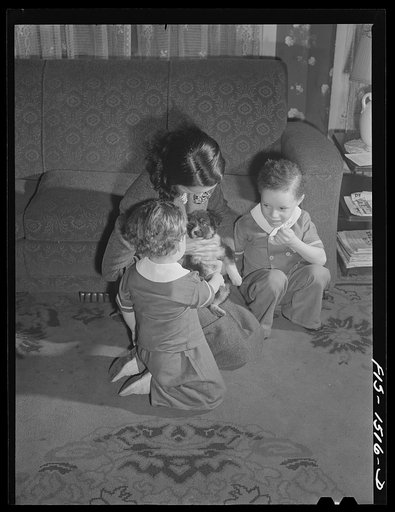 Mrs. Ella Sounders and the two children playing with their puppy "Blitz." Chicago, Illinois