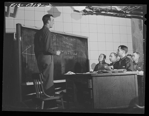 Lieutenant Lawrence Curran teaching a class in map reading at the U.S. Army chaplain school. Fort Benjamin Harrison, Indiana