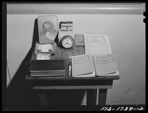 A bedside table of one of the chaplains of the U.S. Army chaplain school. Fort Benjamin Harrison, Indiana