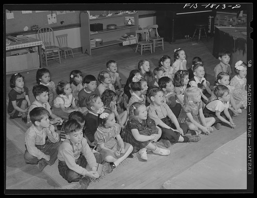Untitled photo, possibly related to: Kindergarten children in a grade school of San Leandro, California. Seventy percent of the school children are of Portuguese descent