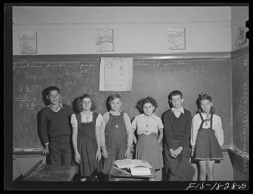 Group of schoolchildren representing some of the nationalities who play and study together at the San Leandro, California grade school. Nationalities represented are: French, Spanish, Portuguese, German and Oklahoma-born American