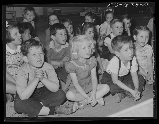 Kindergarten children in a grade school of San Leandro, California. There are four public grade schools and one parochial school in the community