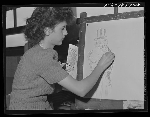 Theresa Alexander, whose parents were born in Portugal, is a student in the grade school of San Leandro, California. She wants to be an artist and is spending her spare time working on posters for various defense groups