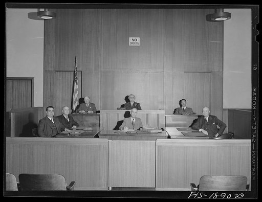 Council meeting, San Leandro, California. This is a five-member board; the city clerk and city attorney meet with the council board. Mrs. Helen L.C. Lawrence, a Portuguese, is mayor and Mr. Anthony B. Thomas, first on left, is also of Portuguese descent