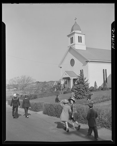 Untitled photo, possibly related to: Provincetown, Massachusetts. Congregation leaving church in a Portuguese section