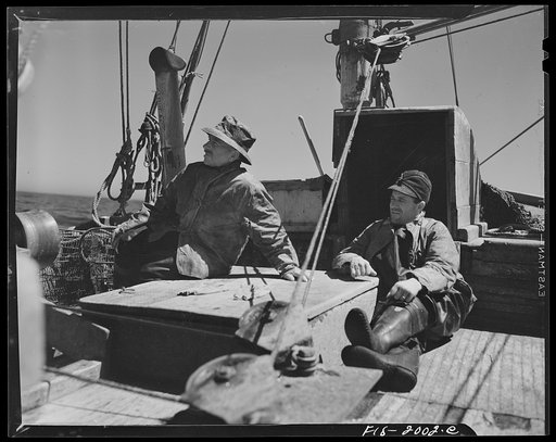 Provincetown, Massachusetts. Aboard the Frances and Marion, a Portuguese drag trawler, fishing off Cape Cod. Fairweather fishermen standing by between hauls