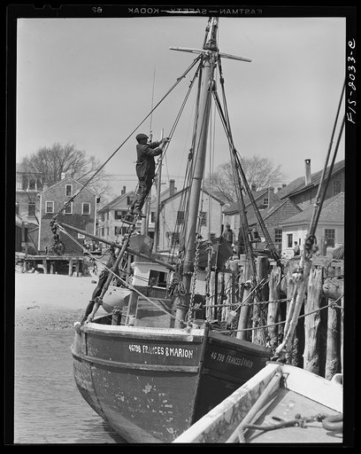 Provincetown, Massachusetts. Mending the rigging of the Frances and Marion, a Portuguese trawler