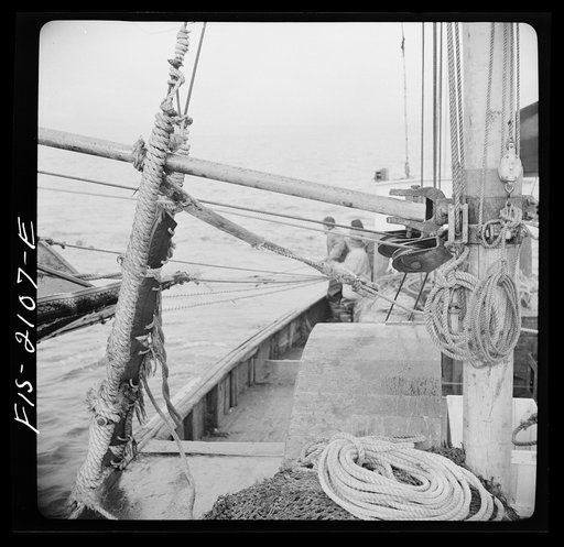 Provincetown, Massachusetts. Aboard the Frances and Marion, a Portuguese drag trawler, fishing off Cape Cod. Standing by to haul in the trawl
