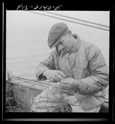 Provincetown, Massachusetts. The trawl is constantly under repair, and while one net is down a second is being mended by all hands aboard the Portuguese drag trawler, Francis and Marion