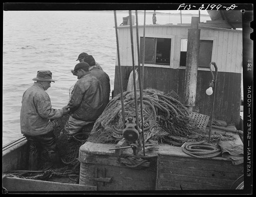 Untitled photo, possibly related to: Provincetown, Massachusetts. Aboard the Frances and Marion, a Portuguese drag trawler, fishing off Cape Cod. All hands hauling in the trawl