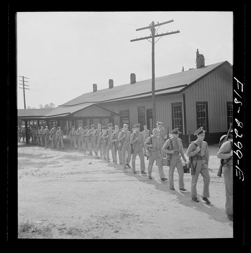 Parris Island, South Carolina. U.S. Marine Corps glider detachment training camp. Recruits on their way to the camp