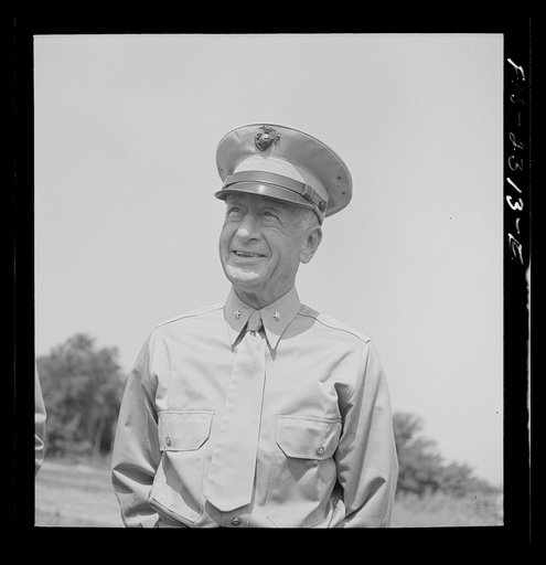 Brigadier General Emile Moses on an inspection trip, photographed at the glider detachment training camp at Parris Island, South Carolina