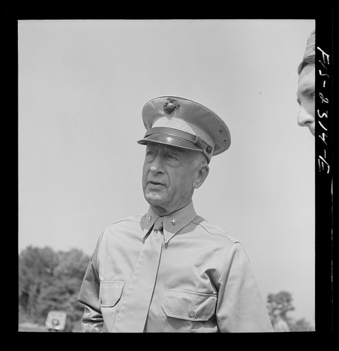 Brigadier General Emile Moses on an inspection trip, photographed at the glider detachment training camp at Parris Island, South Carolina
