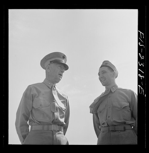 Untitled photo, possibly related to: Parris Island, South Carolina. Brigadier General Emile Moses talking with a Marine Corps lieutenant of the U.S. Marines Corps glider detachment training camp