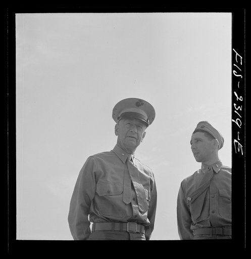 Parris Island, South Carolina. Brigadier General Emile Moses talking with a Marine Corps lieutenant of the U.S. Marines Corps glider detachment training camp