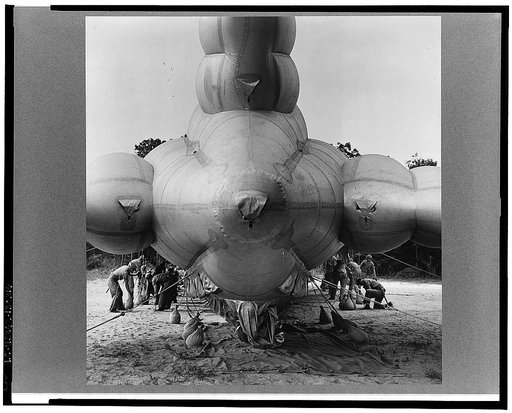 Parris Island, South Carolina. Special United States Marine units in training bedding down a big barrage balloon