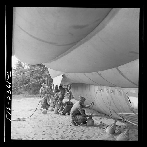 Parris Island, South Carolina. Special Marine units in training at Parris island are learning how to bed down a big barrage balloon