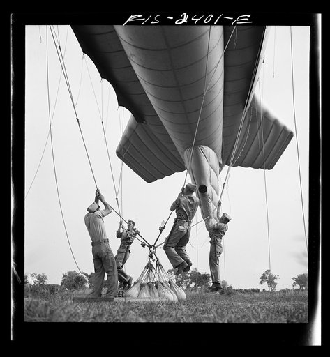 Parris Island, South Carolina. Special Marine units in training at Parris Island are learning how to bed down a big barrage balloon