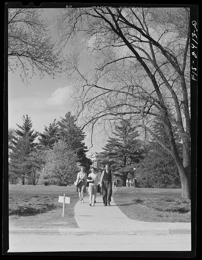 Between classes on the campus of Iowa State College. Ames, Iowa
