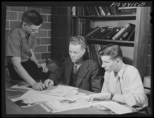 Left to right: Ben Brown, from a farm near Indianola, Iowa is a sophmore in Journalism and does feature writing for one of the college publications, the "Iowa Agriculturalist." Marvin Julius, from a farm near Gilmore City, Iowa, is the editor of the "Iowa Agriculturalist." Merle Hunt from a farm in 