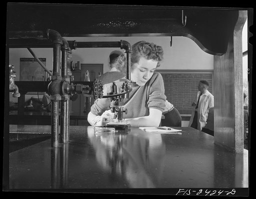 Miss Corine Grey from Glen Mills, Iowa in a bacteriology class. She is a senior and majoring in Bacteriology. Iowa State College. Ames, Iowa